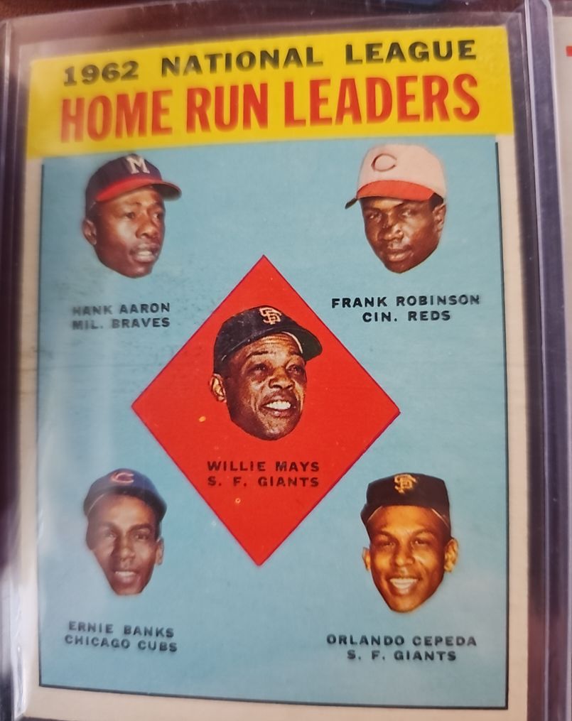 1963 Topps #3 National League Home Run Leaders Willie Mays Hank Aaron Frank Robinson Ernie Banks Orlando Cepeda — front