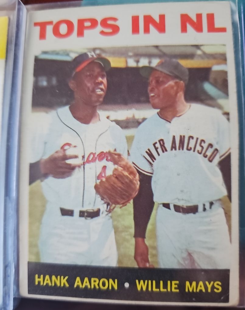 1964 Topps #423 Tops In NL Hank Aaron Willie Mays — front