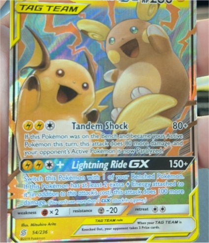 2019 Pokémon Sun & Moon Unified Minds #54 Raichu & Alolan Raichu GX — front