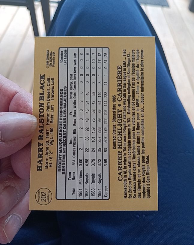 1985 Donruss #202 Harry Ralston Black — front