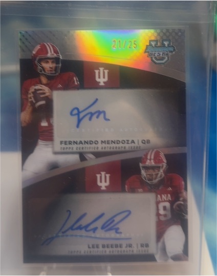 2025 Bowman's Best University #/25 Fernando Mendoza + Lee Beebe Jr. Dual Auto — front