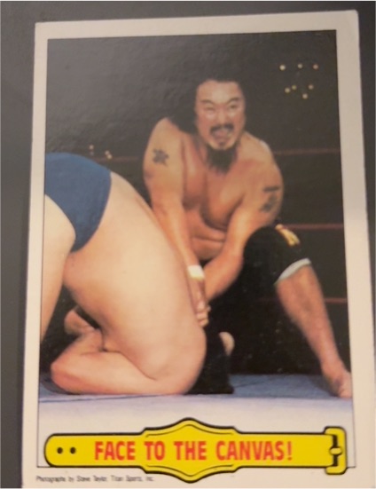1985 Topps WWF #43 Mr. Fuji Face To The Canvas! — front