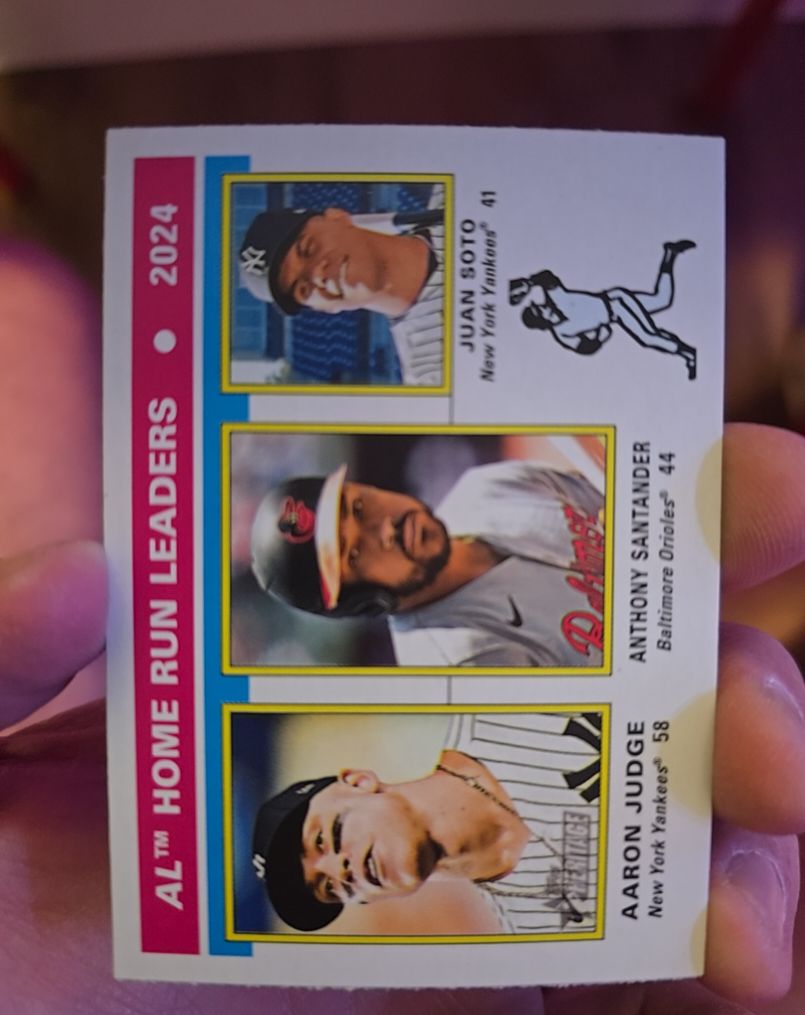 2024 Topps Heritage #194 AL Home Run Leaders Aaron Judge / Anthony Santander / Juan Soto — front