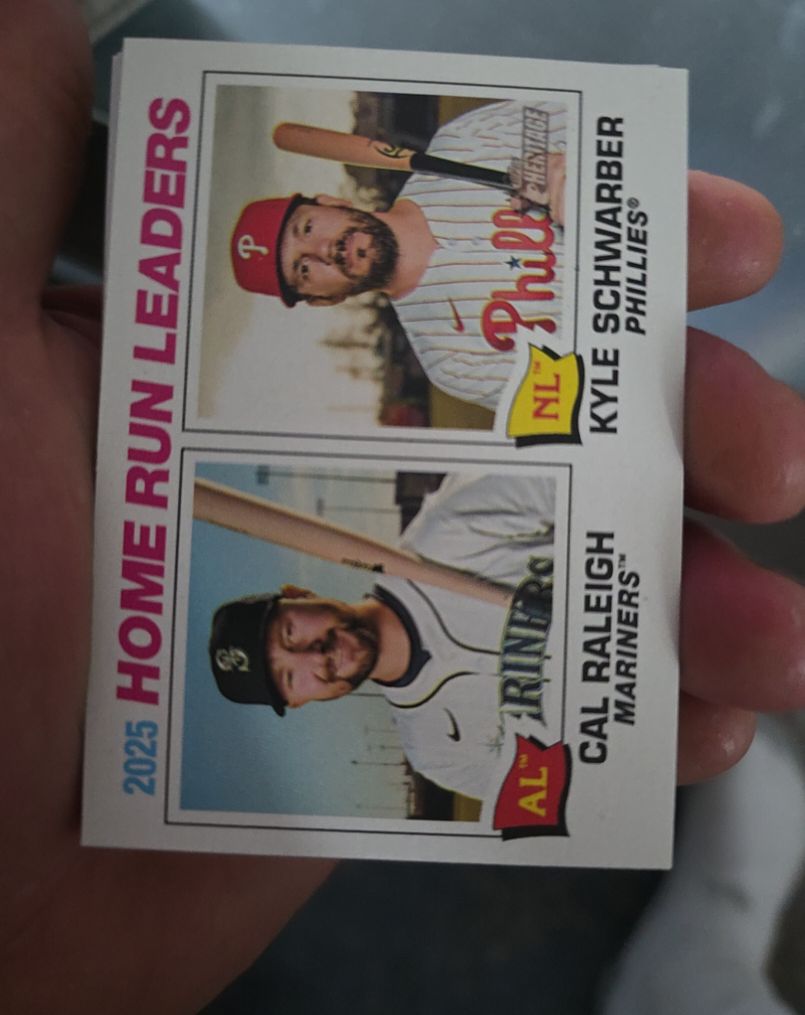 2026 Topps Heritage #2 2025 Home Run Leaders Kyle Schwarber Cal Raleigh — front