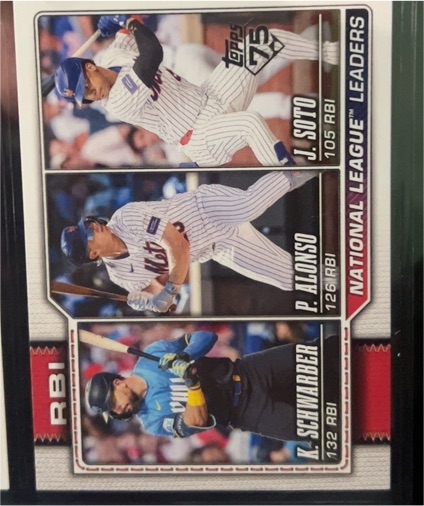 2026 Topps #11 National League RBI Leaders Kyle Schwarber / Pete Alonso / Juan Soto — front