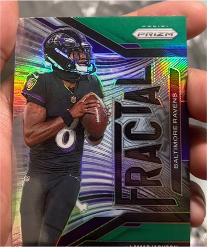 2025 Panini Prizm #2 Lamar Jackson Fractal Green Prizm Baltimore Ravens — front