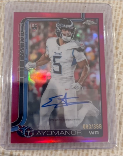 2025 Topps Chrome #RA-EAY Elic Ayomanor Rookie Pink Refractor Auto — front