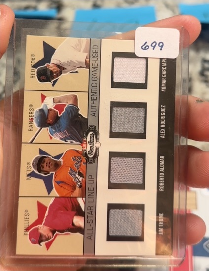 2002 Fleer Box Score All-Star Lineup Game Used Jersey Alex Rodriguez Roberto Alomar Jim Thome — front