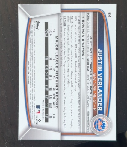 2023 Topps Bowman #64 Justin Verlander — front