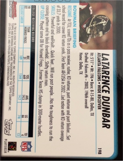 2003 Bowman #198 LaTarence Dunbar — front