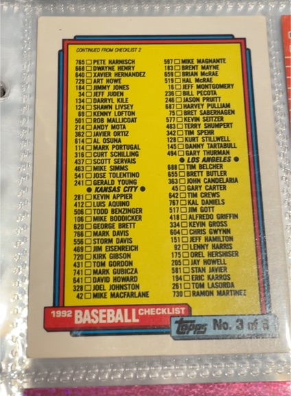 1992 Topps #3 Baseball Checklist — front