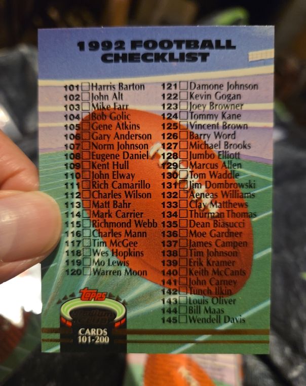1992 Topps Stadium Club Football #289 Checklist 101-200 — front