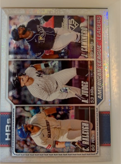 2026 Topps Series 1 #38 American League Leaders HRs Cal Raleigh, Aaron Judge, Junior Caminero — front