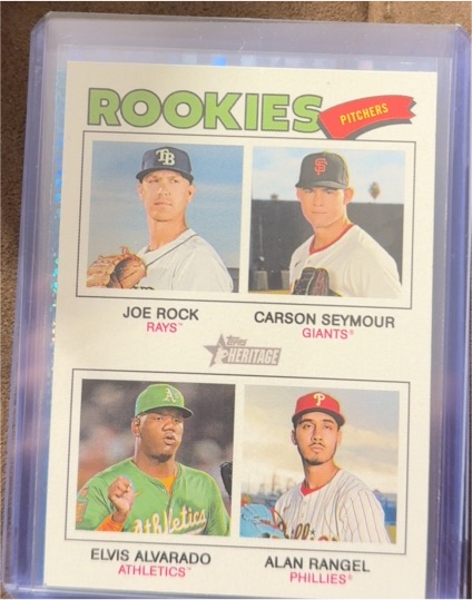 2026 Topps Heritage #389 Quad Rookies Joe Rock, Carson Seymour, Elvis Alvarado, Alan Rangel — front