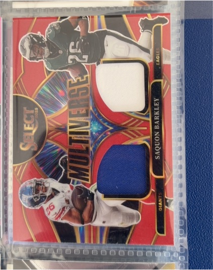 2025 Panini Select #MVJ-SBY Saquon Barkley Multiverse Red Prizm Dual Patch — front