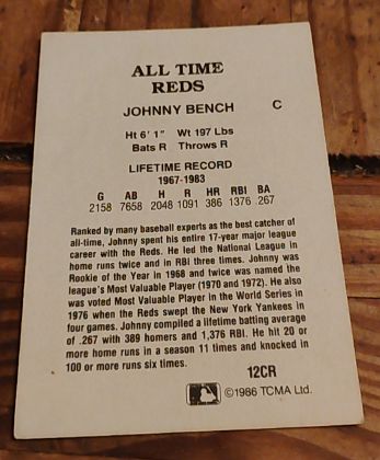 1986 TCMA #12CR Johnny Bench — front
