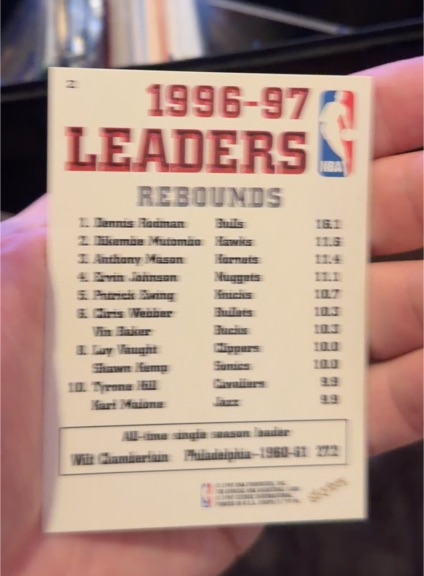 1996-97 SkyBox NBA Hoops #2 Dennis Rodman League Leaders Rebounds — front