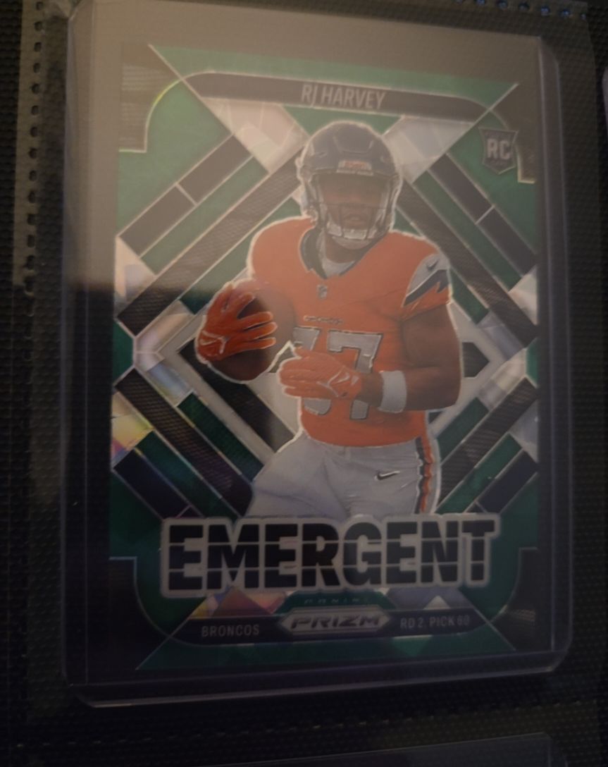 2025 Panini Prizm #16 RJ Harvey Emergent Green Prizm Rookie — front