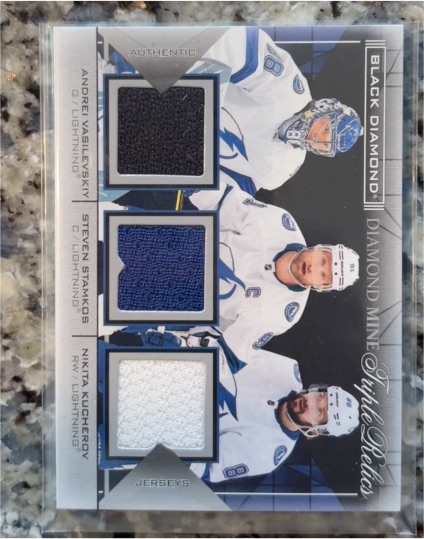 2024 Upper Deck Black Diamond Diamond Mine Triple Relics #DMTR-KPS Andrei Vasilevskiy Steven Stamkos Nikita Kucherov — front