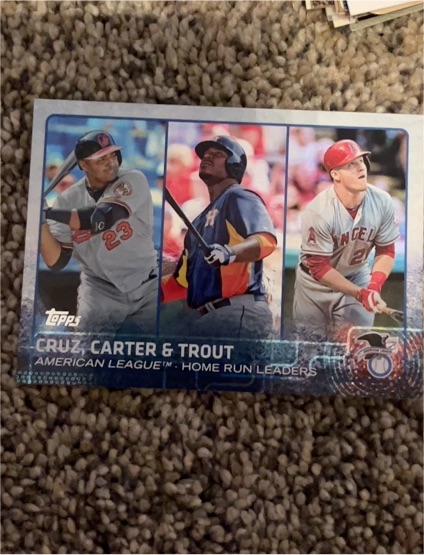 2015 Topps #285 League Leaders Mike Trout, Nelson Cruz & Chris Carter — front
