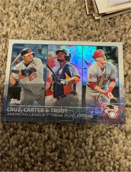 2015 Topps #285 League Leaders Cruz, Carter & Trout — front