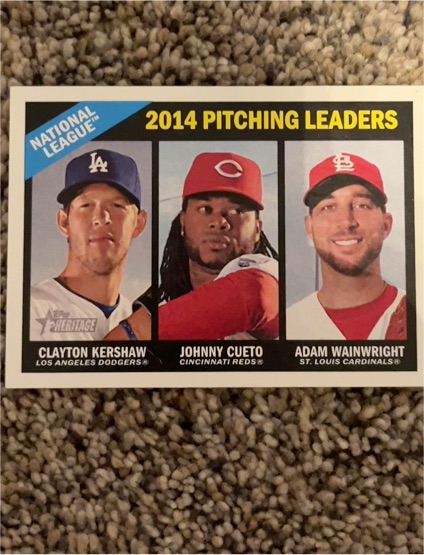 2015 Topps Heritage #223 NL 2014 Pitching Leaders Clayton Kershaw, Johnny Cueto, Adam Wainwright — front