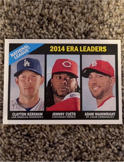 2015 Topps Heritage #221 NL 2014 ERA Leaders Clayton Kershaw Johnny Cueto Adam Wainwright — front