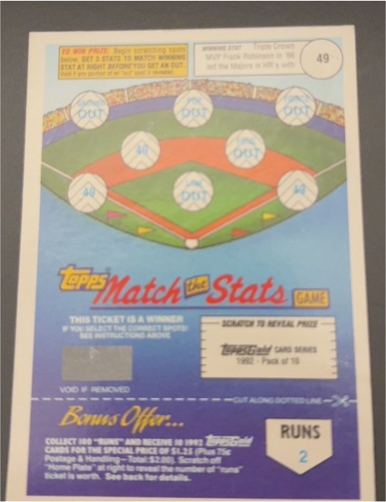 1992 Topps Match the Stats #49 Scratch-Off Game Card — front