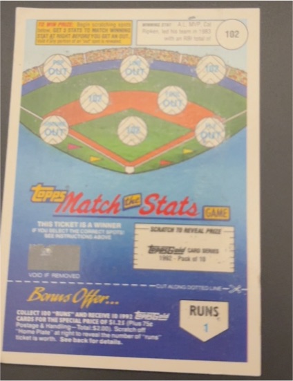 1992 Topps Match the Stats #102 Scratch-Off Game — front
