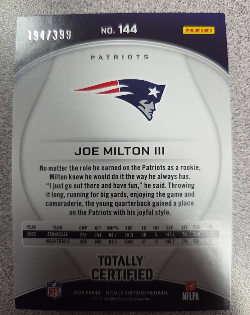 2024 Panini Totally Certified #144 Joe Milton III — front
