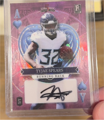 2023 Wild Card 5 Card Draw Stacked Deck #A of Hearts Tyjae Spears Rookie Auto — front