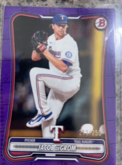 2025 Bowman #28 Jacob deGrom Purple Parallel /250 Texas Rangers — front