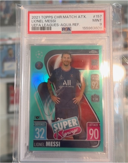 2021 Topps Chrome Match Attax #157 Lionel Messi UEFA Leagues Aqua Refractor — front