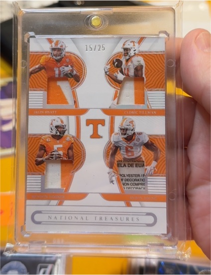 2023 Panini National Treasures Collegiate Team Trio Materials #TTM-TEN Jalin Hyatt/Cedric Tillman/Josh Downs/Hendon Hooker — front