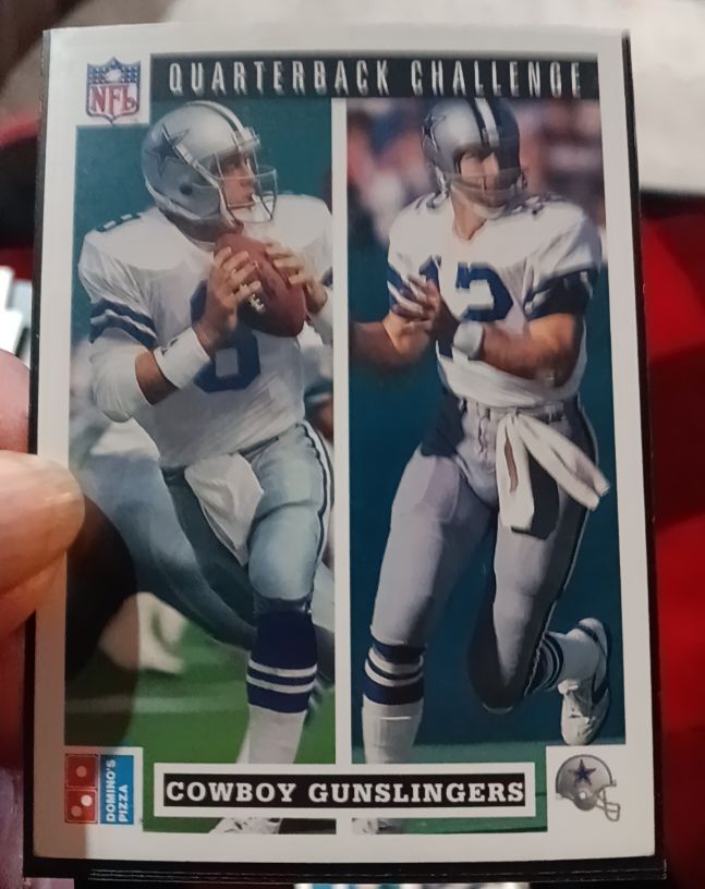1991 Upper Deck Domino's Pizza #47 Cowboy Gunslingers Troy Aikman & Roger Staubach — front