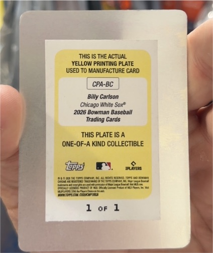 2026 Bowman Baseball Yellow Printing Plate #CPA-BC Billy Carlson — front