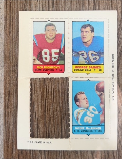 1969 Topps Football 4-in-1 #11 Nick Buoniconti/Saimes/MacKinnon/Duranko — front