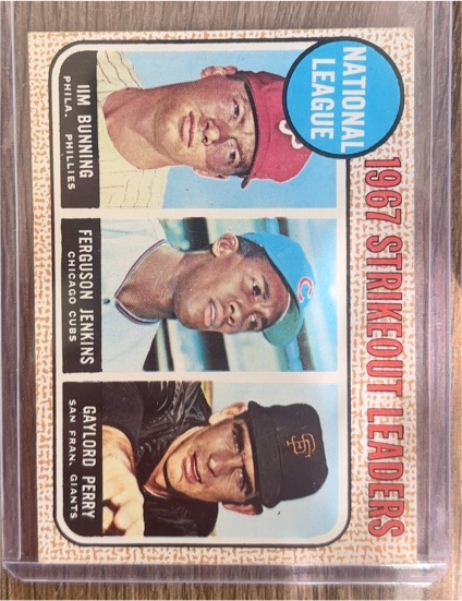 1968 Topps #11 National League 1967 Strikeout Leaders Jim Bunning, Ferguson Jenkins, Gaylord Perry — front