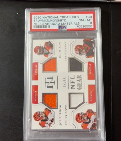 2020 Panini National Treasures #CB Joe Burrow/Mixon/Higgins/Boyd NFL Gear Quad Materials — front
