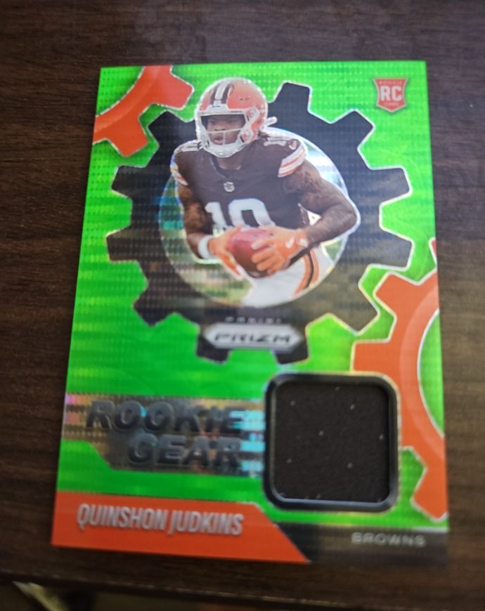 2025 Panini Prizm #RGR-QJS Quinshon Judkins Rookie Gear Neon Green Pulsar — front