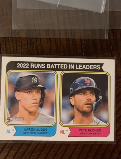 2023 Topps Heritage #203 Aaron Judge & Pete Alonso 2022 RBI Leaders — front