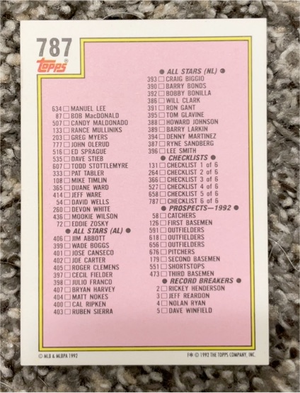 1992 Topps #787 Checklist — front