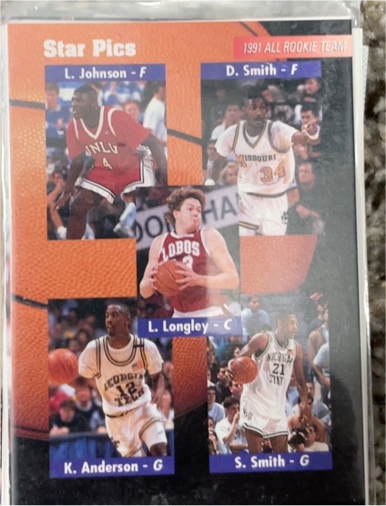 1991 Star Pics #60 All Rookie Team Larry Johnson Derrick Smith Luc Longley Steve Smith Kenny Anderson — front