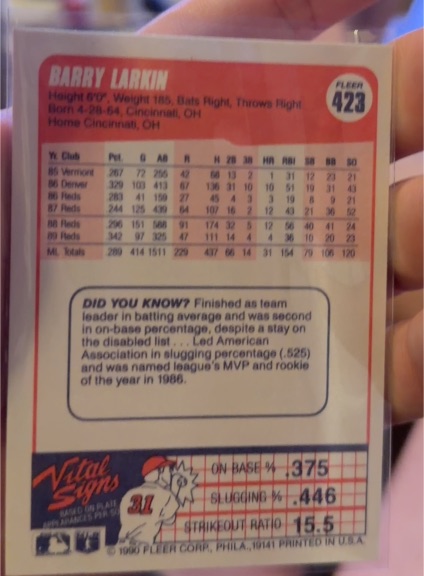 1989 Fleer #423 Barry Larkin — front