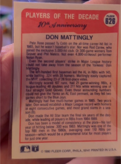 1990 Fleer #626 Don Mattingly Players of the Decade 10th Anniversary — front