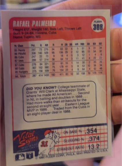 1990 Fleer #308 Rafael Palmeiro — front
