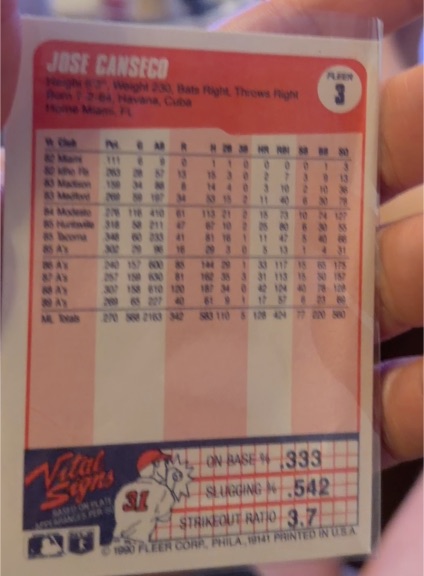 1989 Fleer #3 Jose Canseco — front