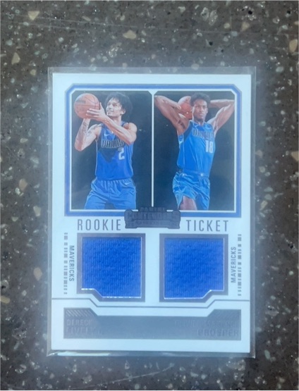 2023-24 Panini Contenders Rookie Ticket Dual Swatches #RT2-MAV Dereck Lively II & Olivier-Maxence Prosper — front
