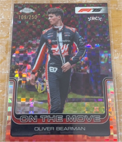 2025 Topps Chrome F1 #186 Oliver Bearman On The Move Pink Checker Refractor — front