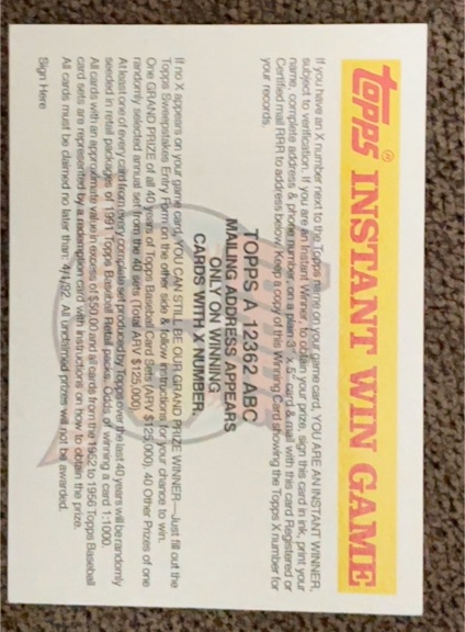 1991 Topps #NNO Instant Win Game — front